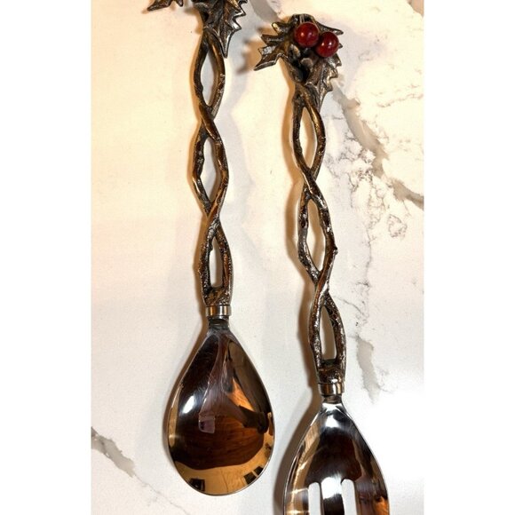 Mud Pie Holly Salad Server Set Of 2  Spoon and Fork Red Berries Heavy Metal 13” - Picture 3 of 6